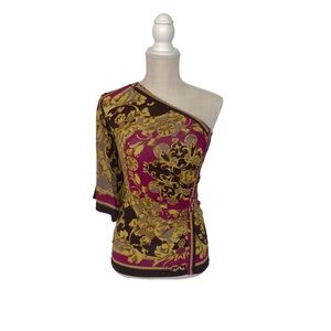 Cache size XS off the shoulder brown and mustard colored top